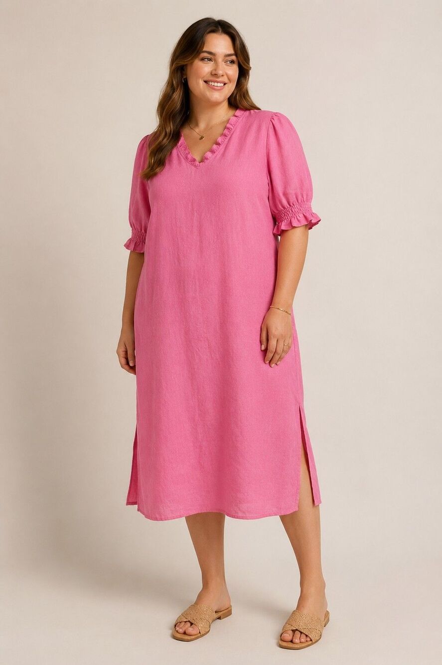 NWT Masai Copenhagen Nydela 100% Linen Shift Dress Azalea Pink Ruffle Size L